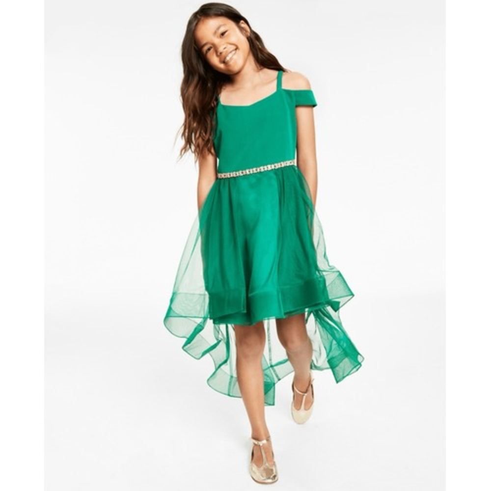 Big Girls Satin Cold Shoulder Bodice to Hi Low Skirt - Hunter Size 8